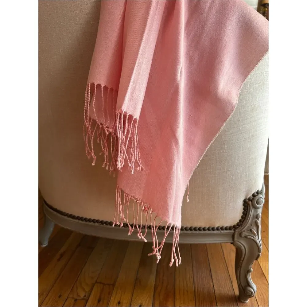 Soft Pink Fringe Scarf in Elongated Rectangle Shape, Lightweight Wool Feel